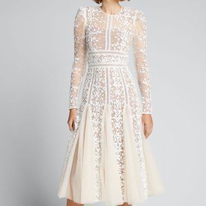 Megan Long-Sleeve Lace Overlay Midi Godet Dress
